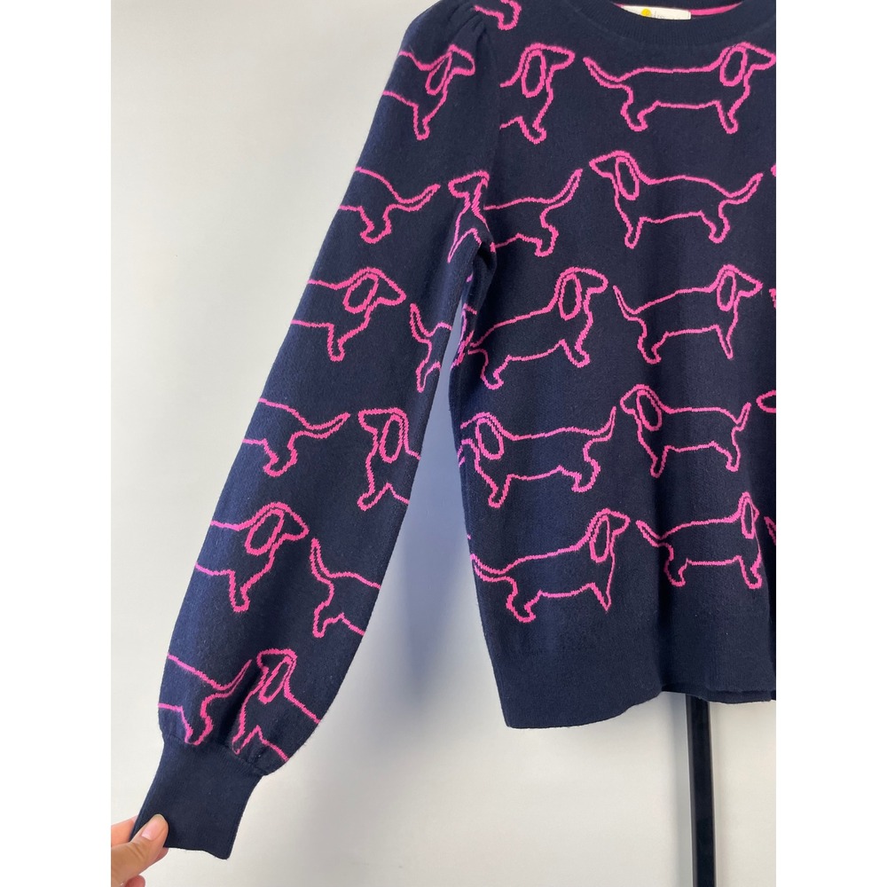 Boden Navy Pink Dachshund Dog Intarsia Cotton Wool Sweater Puff Sleeve US 6 - Picture 2 of 5